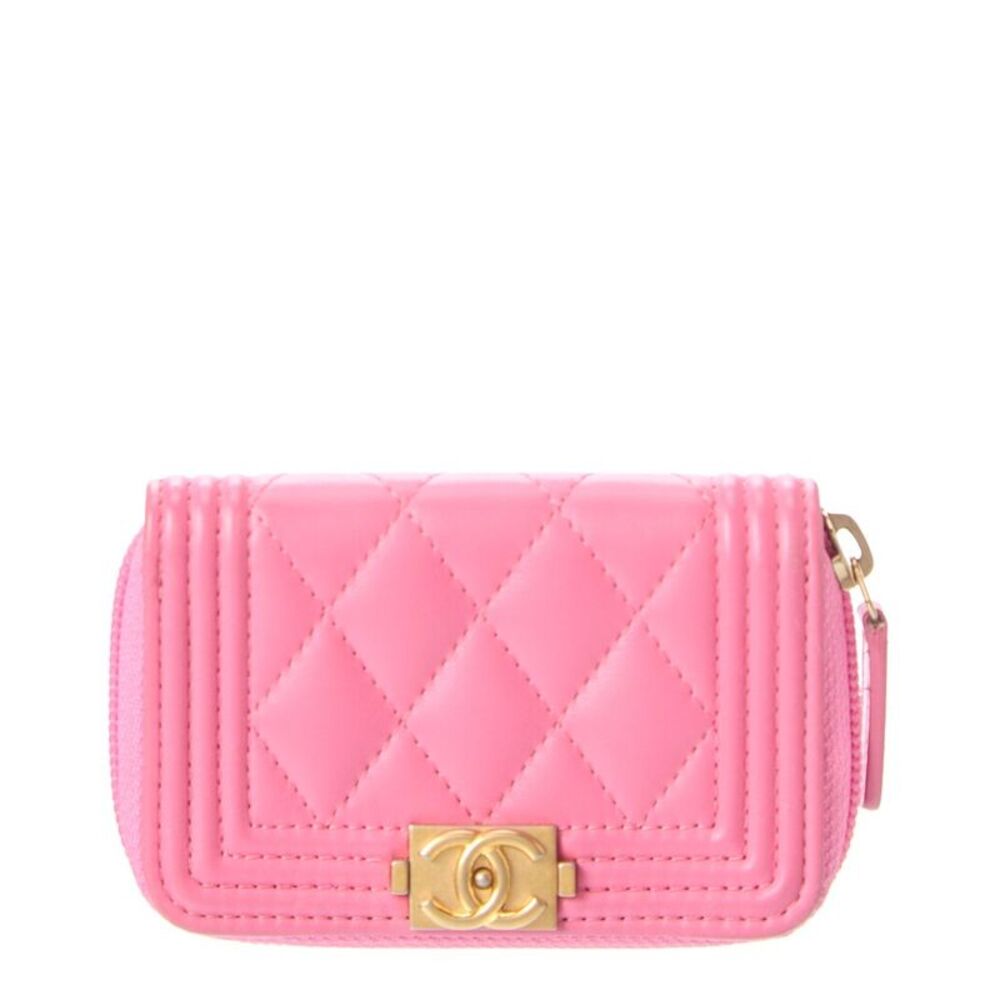 Chanel Pink Quilted Lambskin Leather Boy Zip Around Coin Case (Authentic